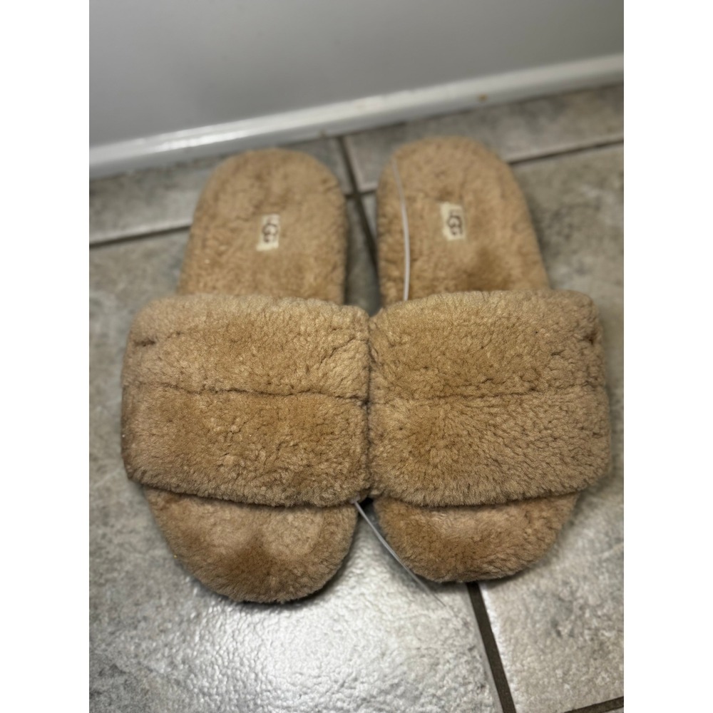 UGG Fluff Yeah Slide Sandals Sheepskin Fur Cozy Tan Slippers Women's Size 7
